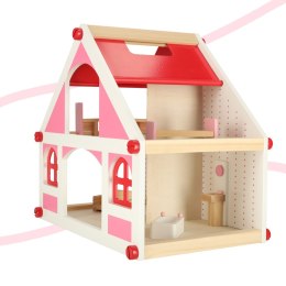 Domek dla lalek drewniany biało-różowy + mebelki 36cm